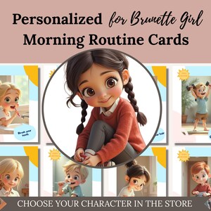 Personalized Morning Routine Cards: Dark-Haired Girl Visual Schedule (Digital Download)