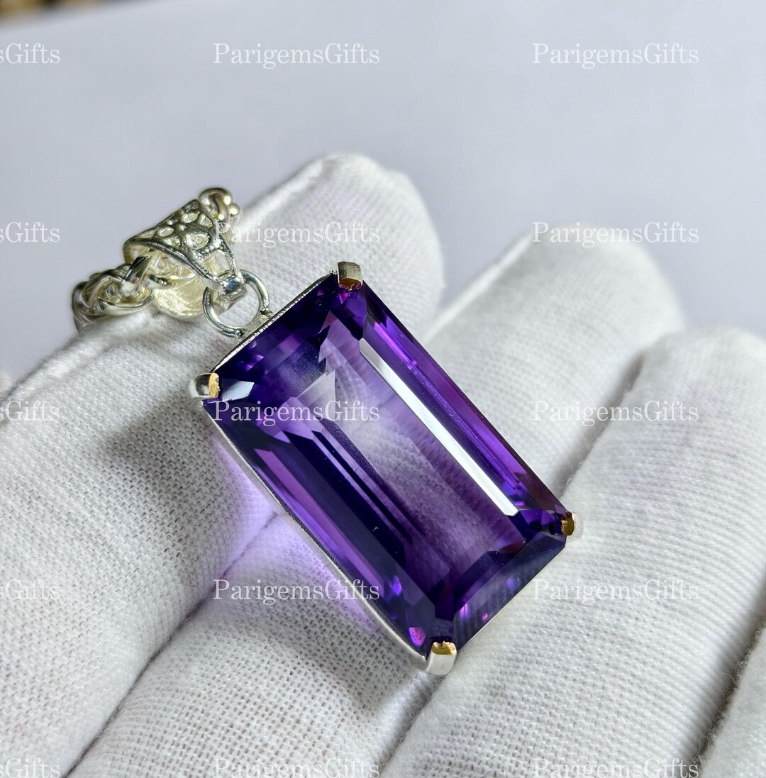 54+ Ct Purple Amethyst Emerald Cut GS Solid Silver Solitaire With Chain ...