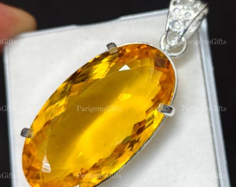 Pendentif solitaire en argent allemand de 66 carats, citrine jaune, pierre précieuse en vrac