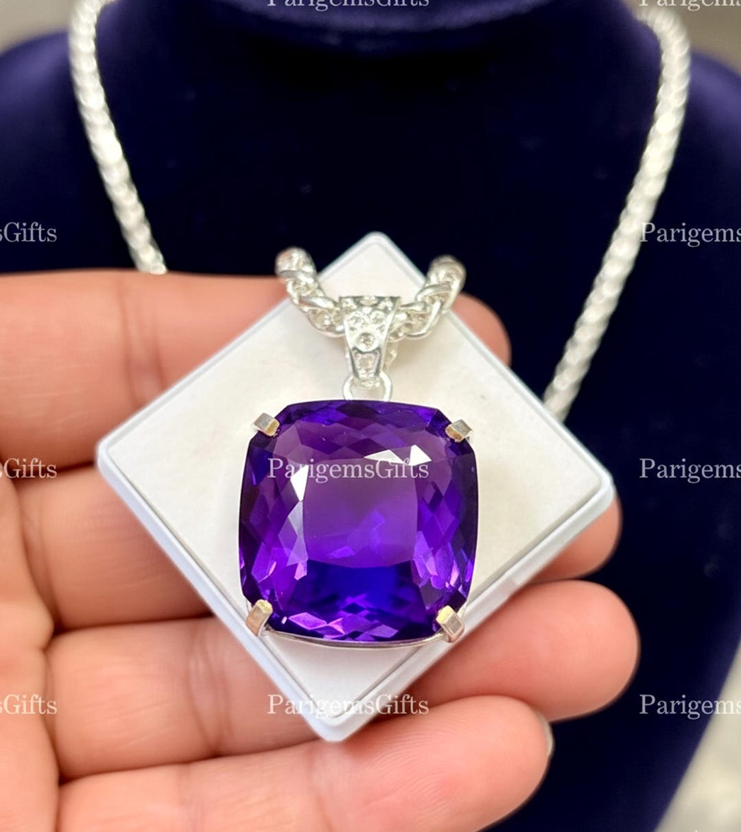90+ Ct Purple Amethyst Cushion Cut GS Solid Silver Solitaire With Chain ...