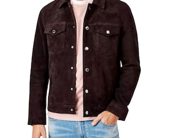 Men&#39;s Dark Brown Suede Trucker Jacket Snap Button Western Style