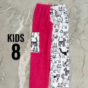 Kids Cotton Beach Towel Pants: Black and White Cats, Size 8