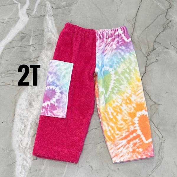 Adorable Beach Towel Pants Kids Size 2T Tie Dye Rainbow Hearts, Pink, colorful, toddler girls pants, great birthday gift for swim lessons