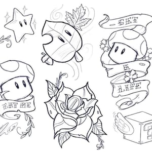 Retro video game inspired tattoo flash hand drawn