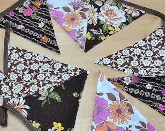 Retro Bunting 70s BOHO Hippy Flower Daisy  Pink Purple and Brown Vintage fabric