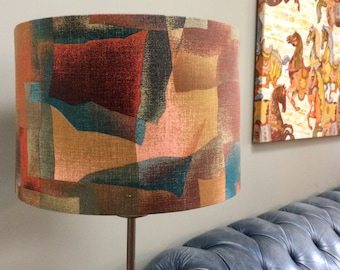 Mid Century Retro Style Lampshade in Abstract Earthy Russet Brown and Teal Tones