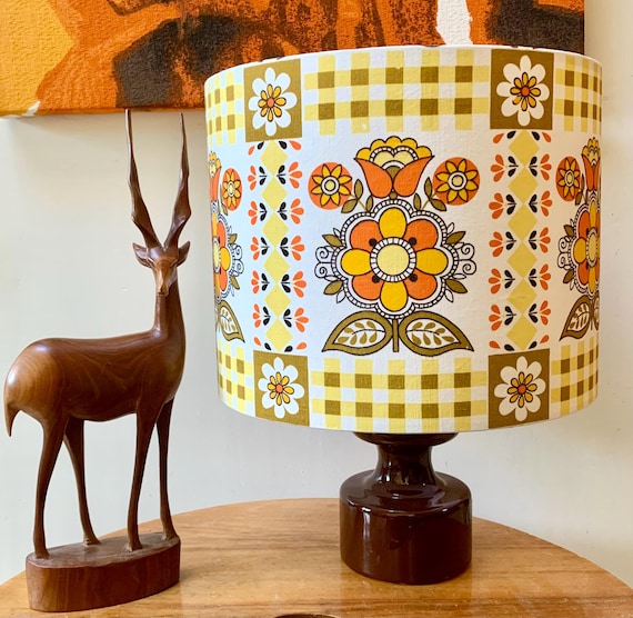 RETRO Yellow Orange SCANDI FLOWER 60s 70s Vintage Fabric 30cm Lampshade
