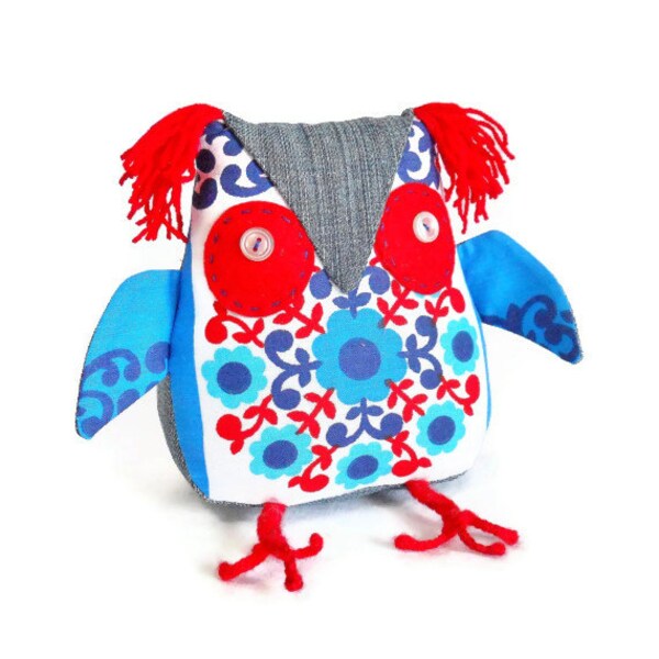 A cute Owl ? a  Retro Owl ? ON SALE  Owl in red , white and blue  60s Scandi Vintage Fabric