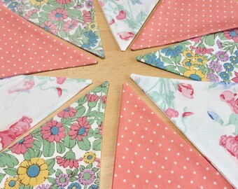 Vintage Floral Bunting: Cottagecore Pink & Blue Daisy Sweetpea Fabric