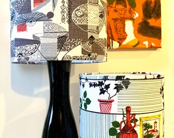 Mid Century Grey and Red Retro Lampshade in Genuine 50s 60s Barkcloth Fabric