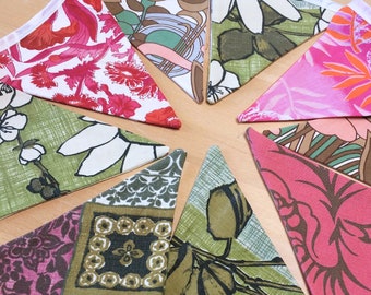 Tropical Leaf Theme Bunting with Groovy 60s 70s Hot Pink Brown Green Vintage fabric