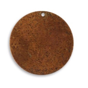 May include: A round, rusty-brown metal disc with a small hole at the top. The disc has a textured surface and a natural, weathered appearance. The object is isolated on a white background.
