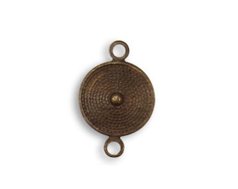 Vintaj Antiqued Brass Ox 16x10mm Two Loop Small Round Shield Connector with Circular Pattern Aged Oxidized Brass Charm Link Qty 1