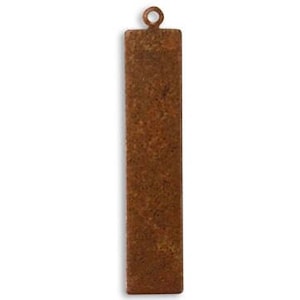 May include: A long, rectangular, rustic metal tag with a hole at the top. The tag is a dark brown color and has a rough, textured surface.