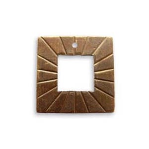 May include: Square, bronze-colored pendant with a central square opening. The pendant features a sunburst design radiating from the center. It has a small hole at the top for stringing. The pendant is likely made of metal.