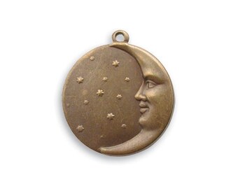 Vintaj Brass Half Moon and Stars Round Charm One Loop Man in the Moon Antiqued Brass Ox Pendant 17mm Qty 1