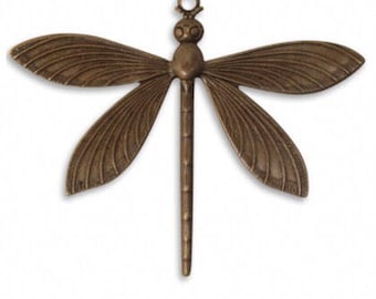 LARGE Vintaj Antiqued Brass Ox Dragonfly Pendant One Loop Insect Charm Embossed Focal Wings 51x63mm Qty 1