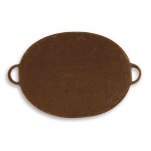May include: An oval-shaped, brown metal tray with two handles. The tray is smooth and has a slightly textured surface.