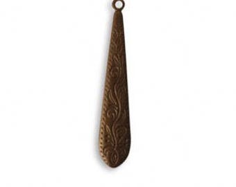 Vintaj Antiqued Brass Ox Long Teardrop Drop Etched Dangle Floral Flower Vine Design Charm Pendant Patina Supplies Dangle 36x7mm Qty 2