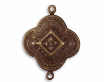 Vintaj Antiqued Brass Ox Two Loop Connector Tile Embossed Flower Floral Link Charm Patina Jewelry Supplies 29x23mm Qty 1