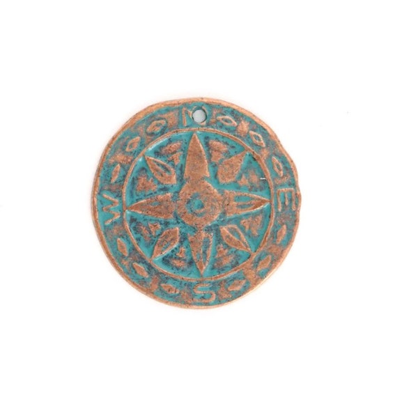 Vintaj Antiqued Copper Weathered Compass Rose Star Charm Round Tag Nautical Navigation Direction Patina DIY Jewelry Supplies 26mm Qty 1
