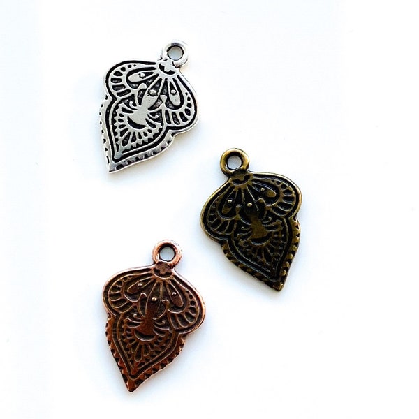 ONE TierraCast Mehndi Charm Pendant Antiqued Copper Silver or Brass Focal Middle Eastern Henna Design Caravan Symbol 23.2x14.7mm Qty 1 Charm