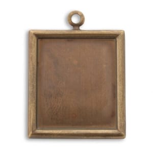 May include: A square brass pendant with a blank surface for adding a photo or design. The pendant has a loop at the top for attaching a chain or cord.
