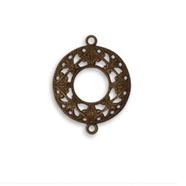 Vintaj Antiqued Brass Ox Filigree Ring Connector Open Circle Link Pendant Charm Drop Round Two Loops Patina DIY Jewelry Making 17x22mm Qty 1
