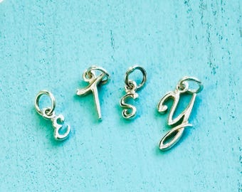 Sterling Silver Letter Charm in Script Cursive UPPER CASE Initial Alphabet DIY Jewelry Supplies Personalized Choose Letter and Size Qty 1