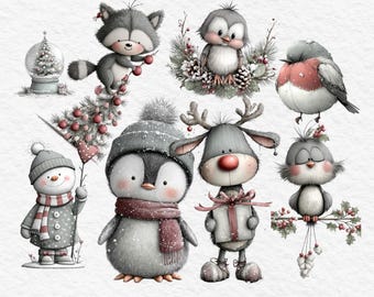 Whimsical icy blue christmas clipart set | winter animals png | watercolor holiday graphics