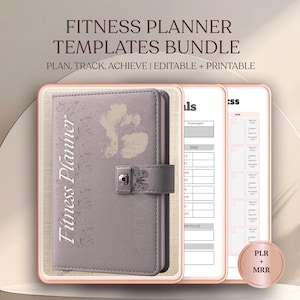 Może przedstawiać: Zestaw planera fitness z szarą okładką z motywem liścia i napisem "Fitness Planner". Zestaw zawiera edytowalne i drukowane szablony do planowania, śledzenia i osiągania celów fitness. Tekst "Fitness Planner Templates Bundle" znajduje się na górze.