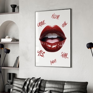Crimson Lips Glam Poster: Red Fashion Illustration (Digital Download
