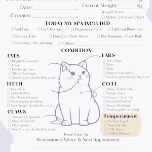 May include: A pet grooming report card featuring a cartoon cat. The card has sections for the pet's details, spa services, condition, and temperament. Text includes "Professional Advice & Next Appointment." Measurements are in kilograms.