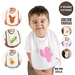 Custom Baby Bib with Name Personalized Baby Bib with Cute Avocado Cactus Peas Banana Pattern Soft Bib Baby Shower Gift Matching Outfit Set