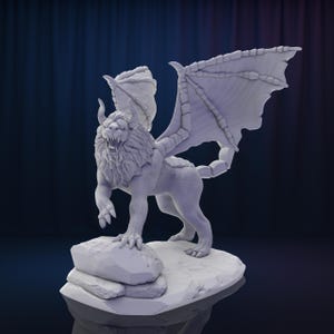 May include: A detailed, light gray sculpture of a mythical griffin, a creature with the body of a lion and the head and wings of an eagle. The griffin stands on a rocky base, its mouth open in a roar, showcasing intricate details.