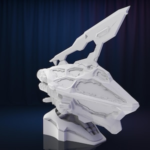 Puede incluir: Modelo de nave espacial futurista impreso en 3D en blanco, con un diseño angular y puntiagudo. El modelo está detallado con líneas y texturas intrincadas, y presenta un ala grande y puntiaguda.