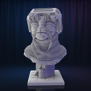 May include: A white 3D printed bust of a fictional character with a textured, fabric-like scarf and a helmet with a rectangular visor. The bust is on a white, square base with a textured surface.