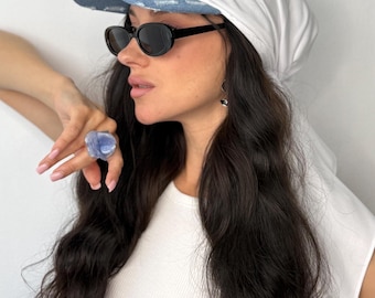 Pre-Tied White Bandana with Craft Denim Visor – Lightweight Breathable Headwear | Tichel Summer Headscarf | Gift for Girls | Head Wrap