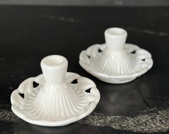 White Glass Candlestick Holders, Vintage Fostoria Candle Holders, set of 2, authentic vintage milk glass decor, centerpiece, MADE IN USA