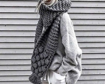 Luxurious extra long hand knitted scarf, shawl, shoulder wrap, neck warmer puff pom pom scarf CUSTOM COLORS Made to Order