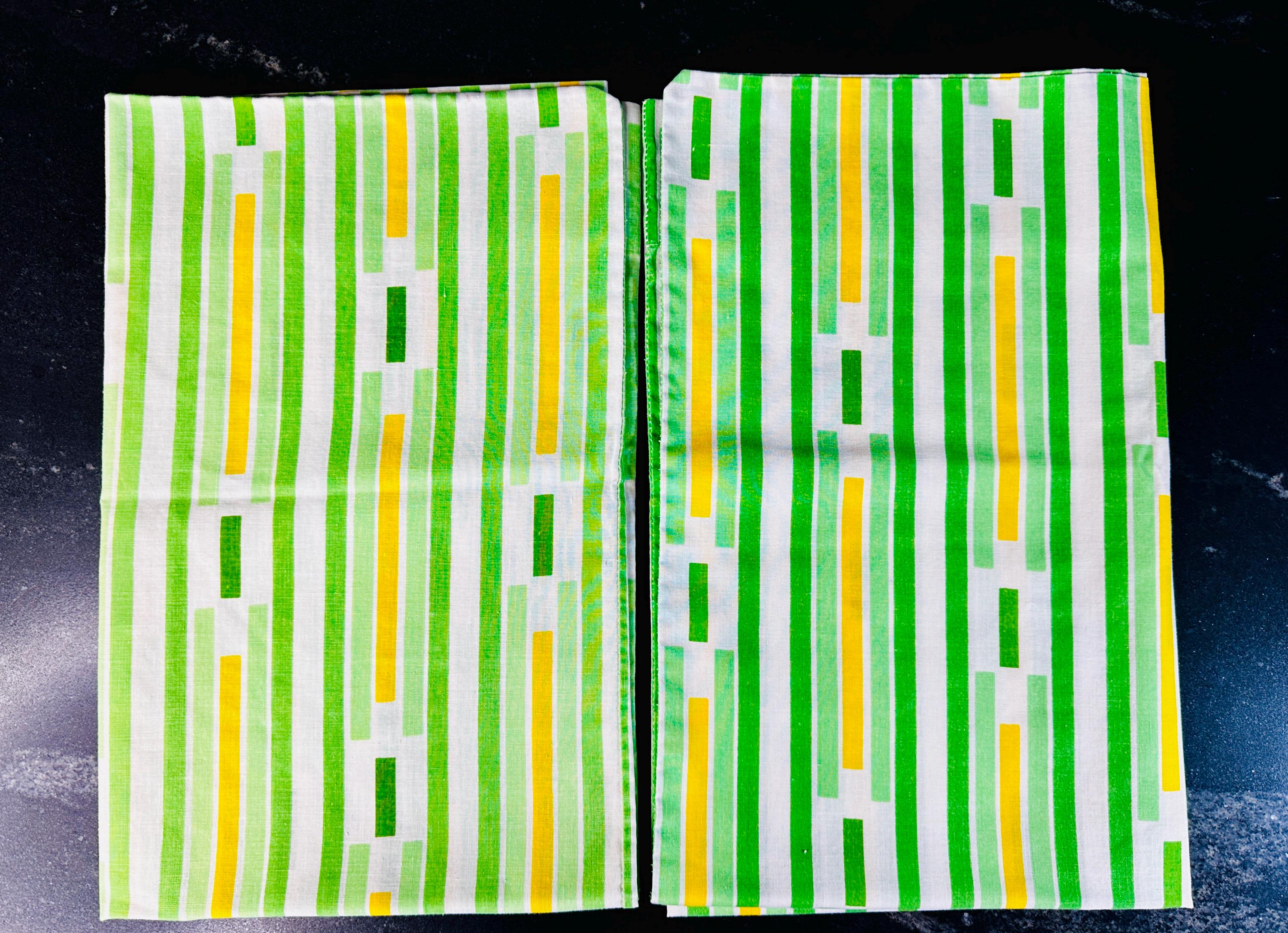 Vintage standard size green yellow stripes pillowcases by JC Penney, set of 2, remix bed sheets, retro linens, MCM fan gift, mid century mod