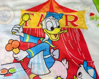 Vintage Disney Mickey Minnie Mouse RARE large figure twin flat sheet, remix bed sheets, Disney bedding, retro reclaimed linens, craft fabric