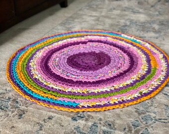 Round Colorful Rag Rug, 33 Inches, Purple, Pink, Green and Yellow, Recycled Textiles, Yarn, Play Mat, Baby Shower Gift, Ready to Ship