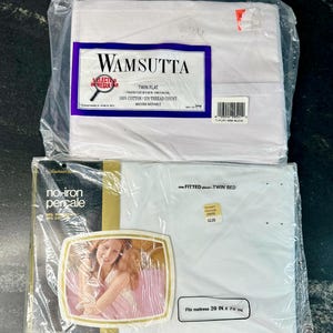 Vintage white flat & fitted remix bed sheets, bedding retro linens fabric, MOD home, JCPenney, Wamsutta, retro bedroom, gift for MCM fan