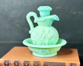 Vtg Avon Perfume Bottle, Pitcher, Bowl in Great Cond, Vintage, 70&#39;s Light Green Swirl Milk Glass, Mid Century Mod, Gift for Mother, MCM fan