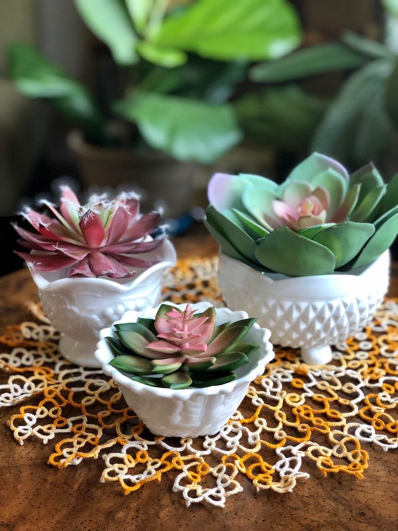 Vintage Milk Glass Succulent Planters Goblets Candy Dishes Set of 3 Fenton Anchor Hocking Corning Corelle Fire King MADE IN USA image 3