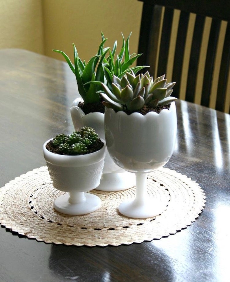 Vintage Milk Glass Succulent Planters Goblets Candy Dishes Set of 3 Fenton Anchor Hocking Corning Corelle Fire King MADE IN USA image 9