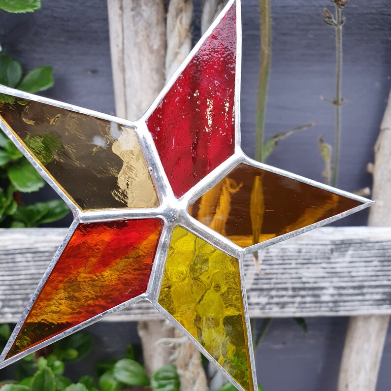 window ornament lucky pheonix fire star memory shine bright Well Soldered Stained Glass STAR by Earndale in yellow gold orange red gift