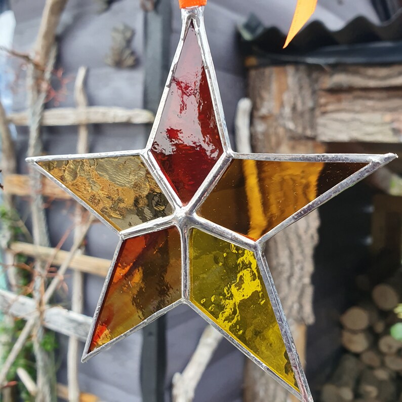 window ornament lucky pheonix fire star memory shine bright Well Soldered Stained Glass STAR by Earndale in yellow gold orange red gift