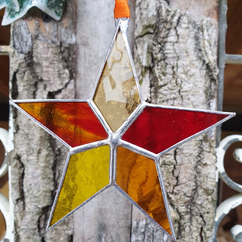 window ornament lucky pheonix fire star memory shine bright Well Soldered Stained Glass STAR by Earndale in yellow gold orange red gift